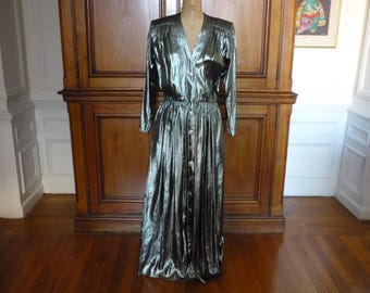 Vestido de noche largo vintage de archivo de Yves Saint Laurent Rive Gauche Paris, plateado lamé, talla 42, Francia