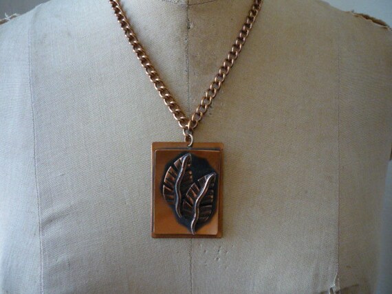 Vintage Copper Rectangular Double Leaf Necklace - image 3