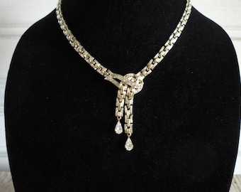 Fabulous Vintage Rhodium Plate Clear Rhinestone Pendant 1950 Statement Necklace