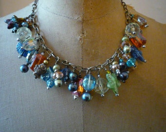 Vintage Nautical Lucite Aurora Borealis Multi Charm Silver Tone Necklace