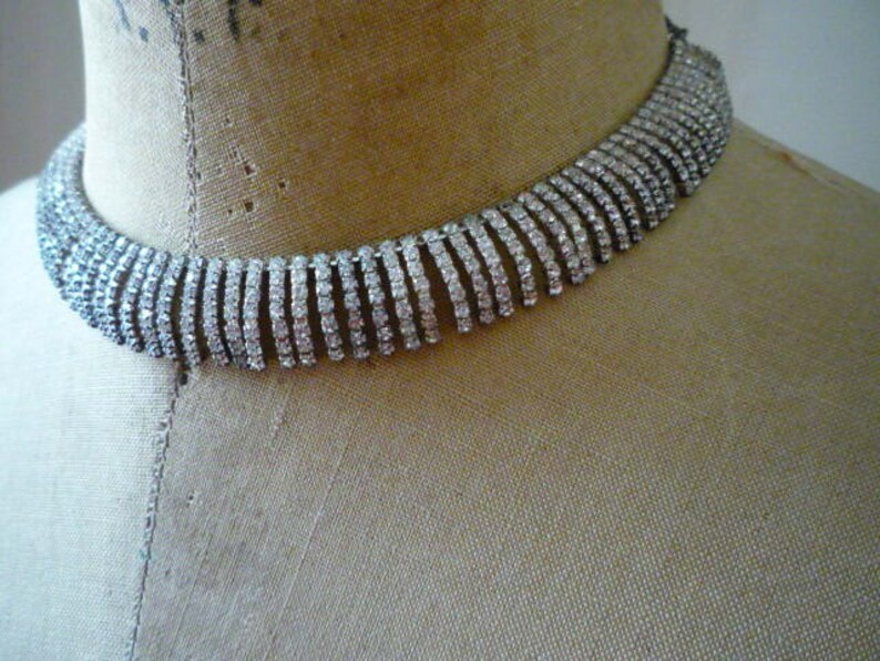 Vintage Austrian Clear Crystal Rhinestone Rhodium Plate Choker Necklace Dangling Earring Set image 5