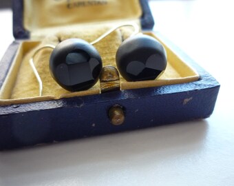 Antique Matte Black Glass Carved Faceted Jet Ball 14K Gold Vermeil Mourning Dangling Earrings