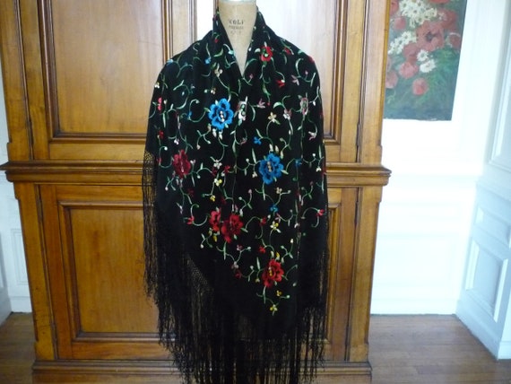 Antique Art Deco Chinese Import Black Silk Hand E… - image 1