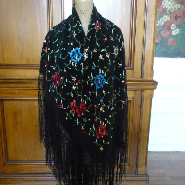 Antique Art Deco Chinese Import Black Silk Hand Embroidered Macrame Floral 50" Square Piano Shawl