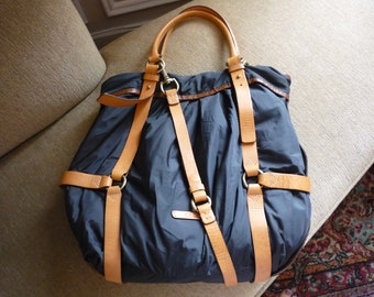 Vintage Cole Haan Kyle Navy Blue Nylon Saddle Leather Trim Large Tote Handbag Shoulder Bag