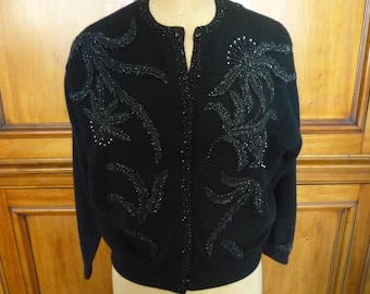 Beautiful Vintage 1950 Black Embellished Black Beads Grey Pearls Floral/Leaf Motif Hong Kong Cardigan Wool Sweater Size 42