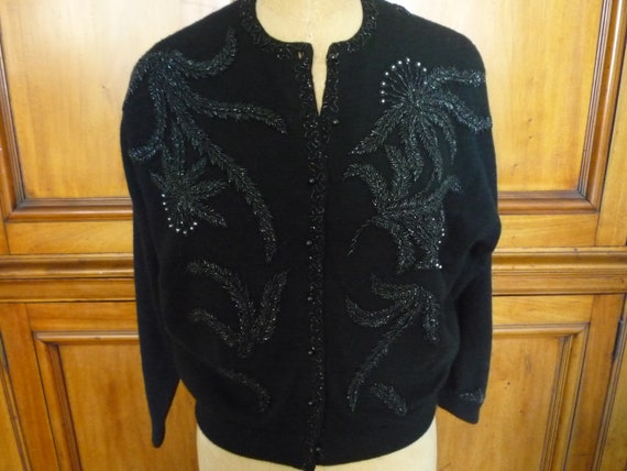 Beautiful Vintage 1950 Black Embellished Black Be… - image 1