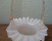 Ruffled FENTON GLASS BASKET with Handle. Pale Pink Glass Basket with Handle. Vintage 1943-1954