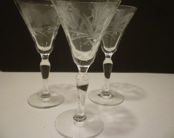 Stemware. Set 3 CORDIALS, LIQUEURS. Delicate, Vintage Etched Crystal Liqueurs / Cordial Stemware.