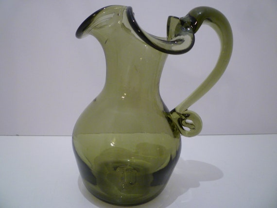 Green Glass Jug Handblown Vintage 1970 S - Handled Glass Jug Vase Green Glass Jug Handblown Vintage 1970 S - Handled Glass Jug Vase