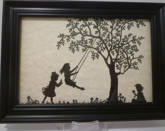 SILHOUETTE of CHILDREN PLAYING. Wall Or Stand. Vintage Style Silhouette Print Depicting Children at Play. Children on Swing.