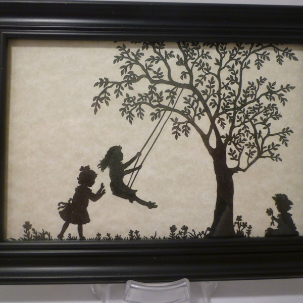 SILHOUETTE of CHILDREN PLAYING. Wall Or Stand. Vintage Style Silhouette Print Depicting Children at Play. Children on Swing.