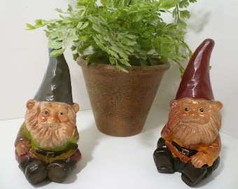 GNOMES. Set 2 GARDEN GNOMES. Primitiv distressed Aged Patina  Lucky Garden or Home Decor Gnomes. Distressed, Vintage Style Gnomes.