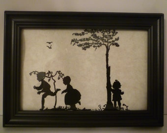 SILHOUETTES OF CHILDREN. Wall Decor / Stand Vintage Style Framed Silhouette Print Depicting Children At Play. Children Playing Hide & Seek.