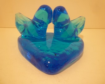 Home decor BLUEBIRDS OF HAPPINESS. Collectible Blue Glass Signed  and Dated Ron Rae 1993 .