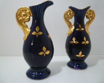 Two Cobalt Blue Vases. Vintage Cobalt Blue Vases With Elegant Gold Accents.