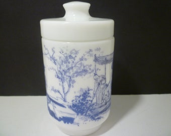 Tea Caddy. White Milkglass With blue design tea Caddy.MADE IN BELGIUM. Coffee, Tea, Biscuits, candy, or….?