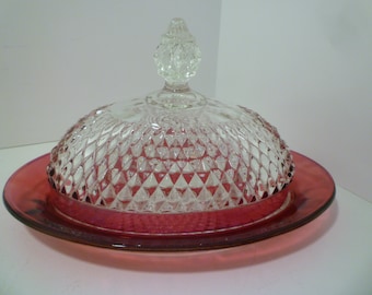 Indiana Glass COVERED BUTTER Dish. Ruby Flash 1970's.