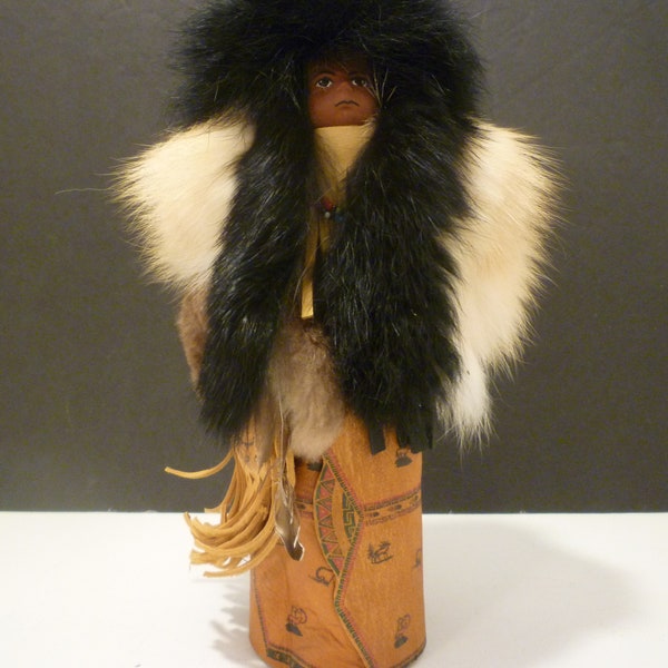 Collector Doll. NATIVE AMERICAN INUIT Alaskan Doll. Genuine Assorted Leathers, Beads etc. Solid wood body. Collectible Inuit Memorabilia.