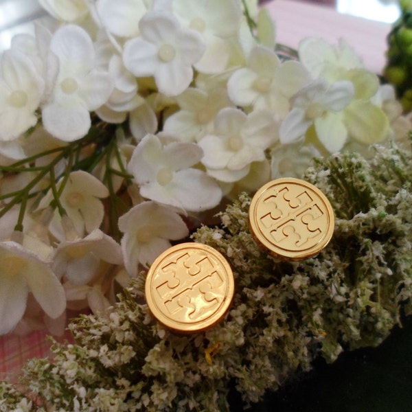 DESIGNER INSPIRED upcycled buttons goldtone small metal burch logo stud earrings jewelry