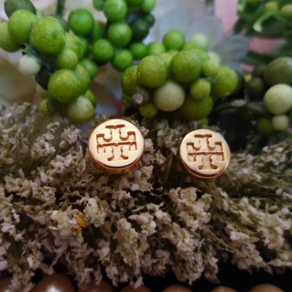 DESIGNER INSPIRED upcycled buttons goldtone extra small metal logo stud earrings jewelry