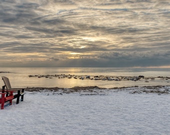 Muskoka Chairs On Icy Beach At Sunrise - Toronto Art - Wall Art - Lake Photography - Winter Photography