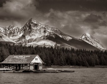 Maligne Lake Black and White Print: Canadian Rockies Mountain Peaks Wall Art