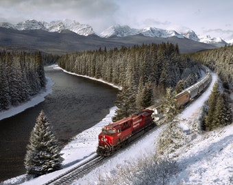 Train in Canadian Rockies | Banff National Park Landscape Photography | Alberta Mountain Wall Art Print