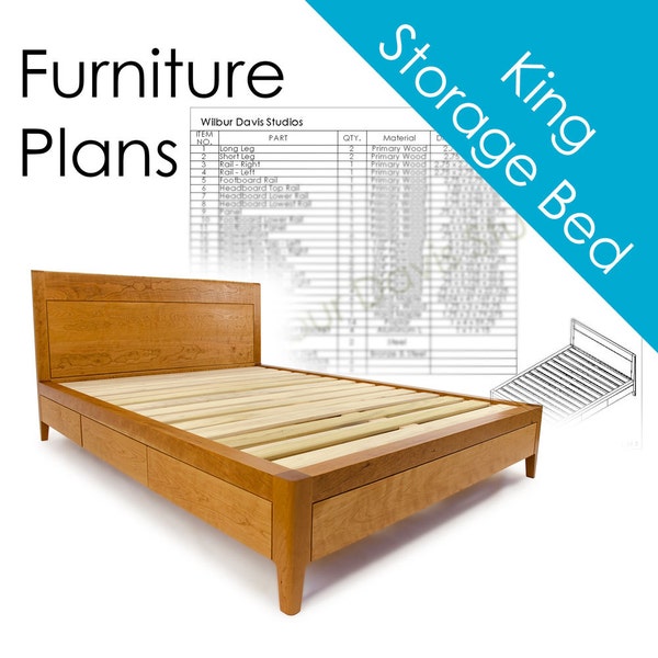 Storage Bed Plans - King Size Platform Bed No. 2 Measured Drawing and Cut List - Modern Mid Century Woodworking Design