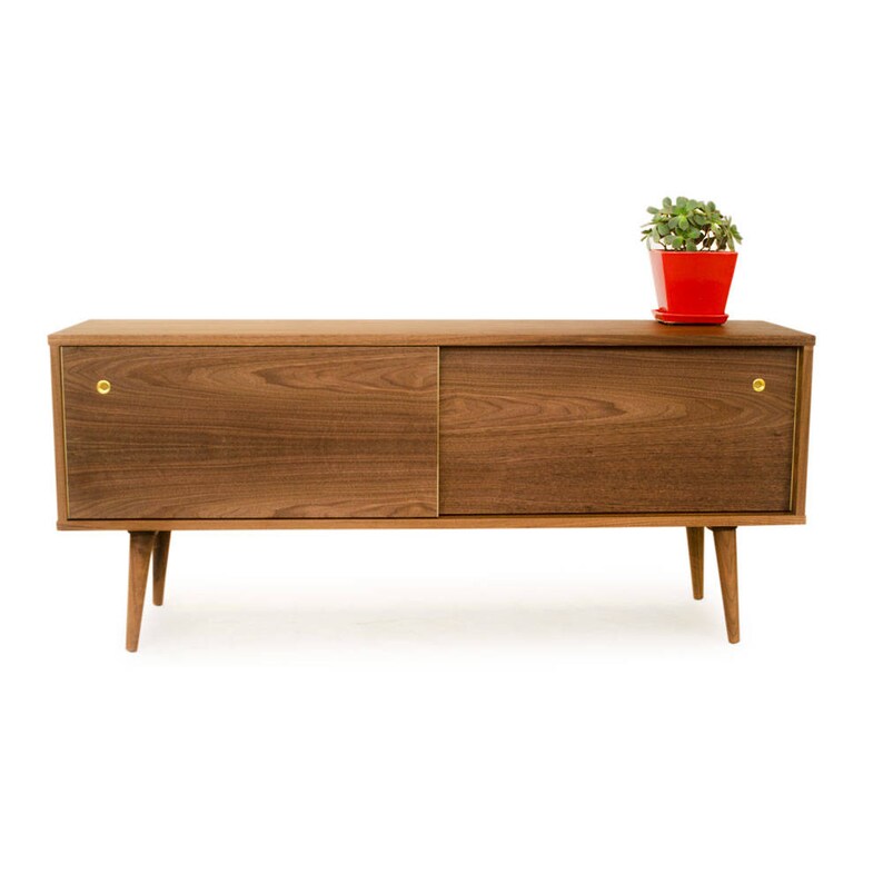 Solid Wood Media Console MCM Inspired Credenza with Sliding Doors Danish Modern Design Mid Century Credenza Entertainment Center