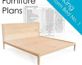 Plans for KING Platform Bed No. 1 - DIY - Sculpted Solid Wood Bed Design - Measured Drawing and Cut List - Woodworking Plans
