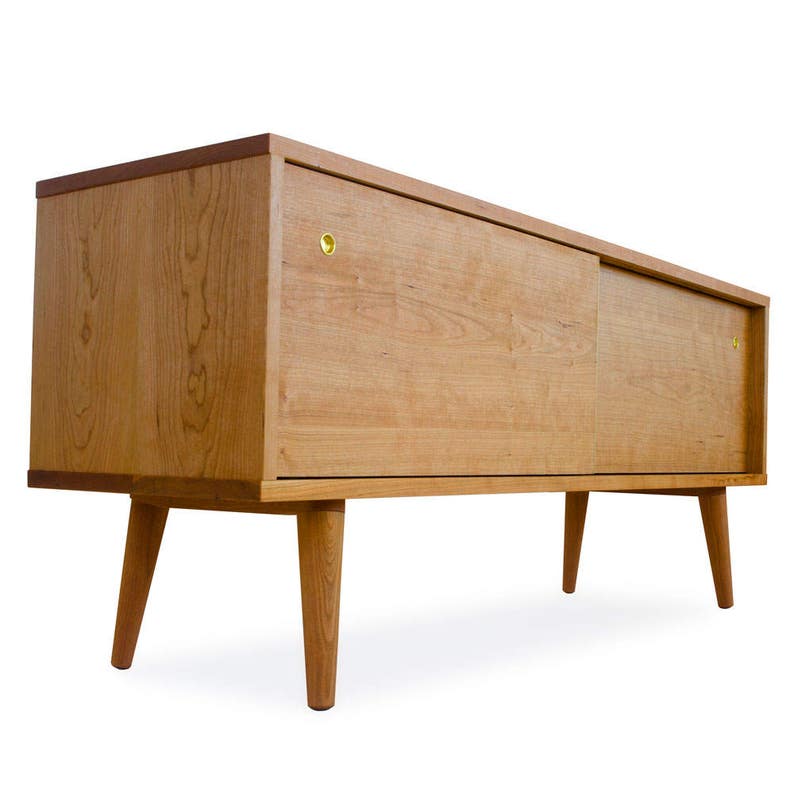 Solid Wood Media Console MCM Inspired Credenza with Sliding Doors Danish Modern Design Mid Century Credenza Entertainment Center