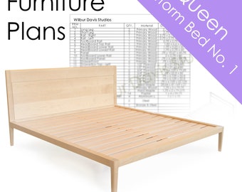 Plans for QUEEN Platform Bed No. 1 - DIY - Sculpted Solid Wood Bed Design - Measured Drawing and Cut List - Woodworking Plans