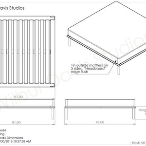May include: Line drawing of a king-sized bed frame with a headboard and footboard. The bed frame is 81 inches wide and 78 inches long. The height is customizable from 5 to 14 inches. The drawing includes the text "Wilbur Davis Studios" and "bed4-Dimensions".
