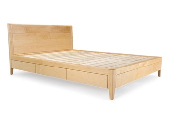 Platform Bed No. 2. Maple Wood Storage Bed, Featuring Dovetail Drawers with Soft-Close action
