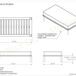 May include: Line drawing of a twin bed frame with dimensions of 76 inches by 40 inches. The bed frame has a slatted headboard and footboard. The text "Wilbur Davis Studios" is at the top of the image. The text "bed4-Dimensions" is at the bottom of the image.