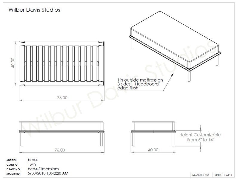 May include: Line drawing of a twin bed frame with dimensions of 76 inches by 40 inches. The bed frame has a slatted headboard and footboard. The text "Wilbur Davis Studios" is at the top of the image. The text "bed4-Dimensions" is at the bottom of the image.
