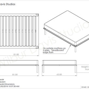 May include: A black and white line drawing of a queen-sized bed frame with a slatted headboard and footboard. The bed frame is 81 inches wide and 62 inches long. The text "Wilbur Davis Studios" is at the top of the drawing. The text "bed4-Dimensions" is at the bottom of the drawing.