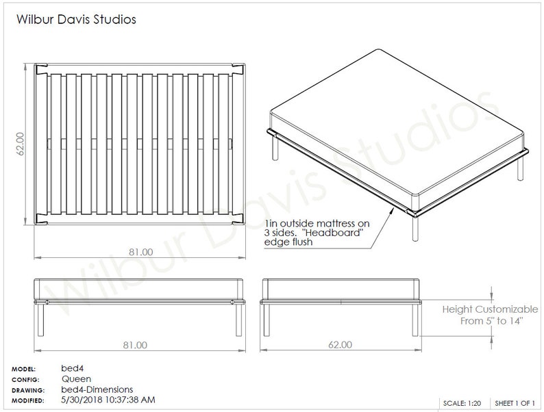 May include: A black and white line drawing of a queen-sized bed frame with a slatted headboard and footboard. The bed frame is 81 inches wide and 62 inches long. The text "Wilbur Davis Studios" is at the top of the drawing. The text "bed4-Dimensions" is at the bottom of the drawing.