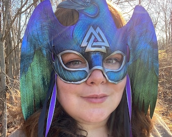Ready to ship Raven Crow Leather Masquerade Mask with Nordic Volknut Symbol and Genuine Amethyst