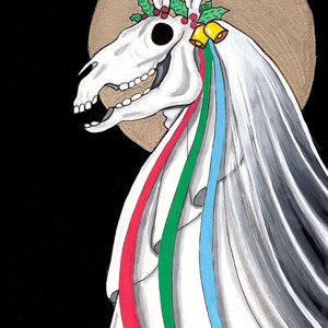 May include: A white horse skull with a wreath of holly and red berries, adorned with a white veil and colorful ribbons. The skull is set against a gold background.