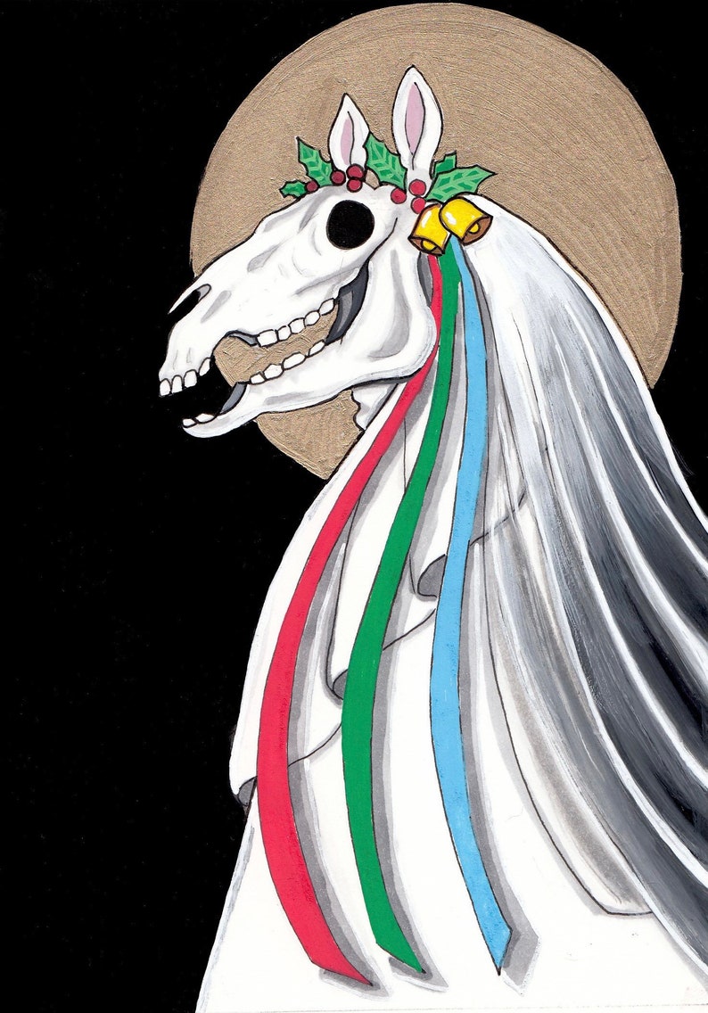 May include: A white horse skull with a wreath of holly and red berries, adorned with a white veil and colorful ribbons. The skull is set against a gold background.