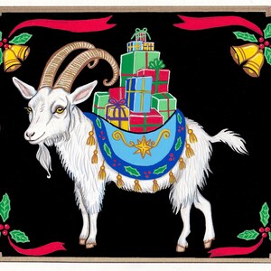 May include: A white goat with long horns and a beard carries a stack of wrapped gifts on its back. The goat is decorated with a blue and gold saddle and is standing on a black background with red ribbons and holly.