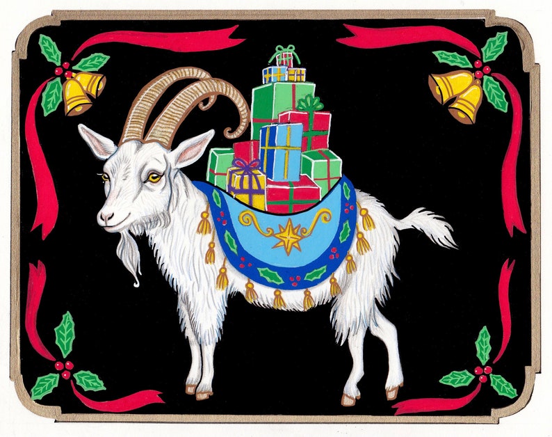 May include: A white goat with long horns and a beard carries a stack of wrapped gifts on its back. The goat is decorated with a blue and gold saddle and is standing on a black background with red ribbons and holly.