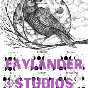 May include: A black and white illustration of a crow perched on a branch with a full moon in the background. The image is a calendar for 2024 with the phases of the moon for each month. The text "LUNAR 2024" is at the top of the image. The text "TAYLANDER STUDIOS" is in the center of the image.