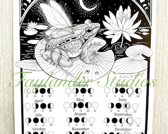 2027 Lunar Calander Fairy Frog Fine Art Print Tracking the Phases of the Moon