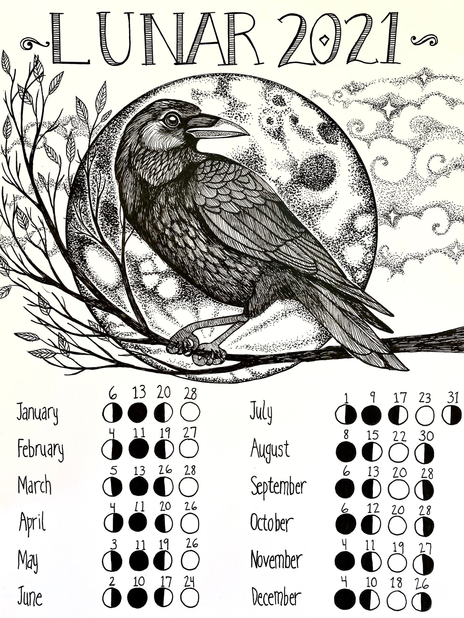 2021 Lunar Calendar Illustrated Crow Moon Phases of The Year Etsy