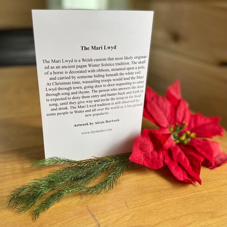 May include: A white card with black text describing the Mari Lwyd, a Welsh tradition involving a horse skull decorated with ribbons and carried by someone hiding beneath a white veil. The text mentions wassailing troops going door to door requesting to enter through song and rhyme. The card also includes the text "Artwork by Alexis Burbank" and "www.faylander.com".