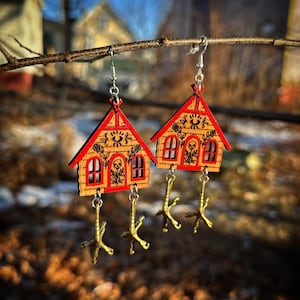Wooden Baba Yaga House Chicken Feet Dangle Earrings With Metal Legs