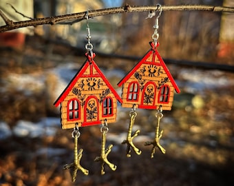 Wooden Baba Yaga House Chicken Feet Dangle Earrings With Metal Legs